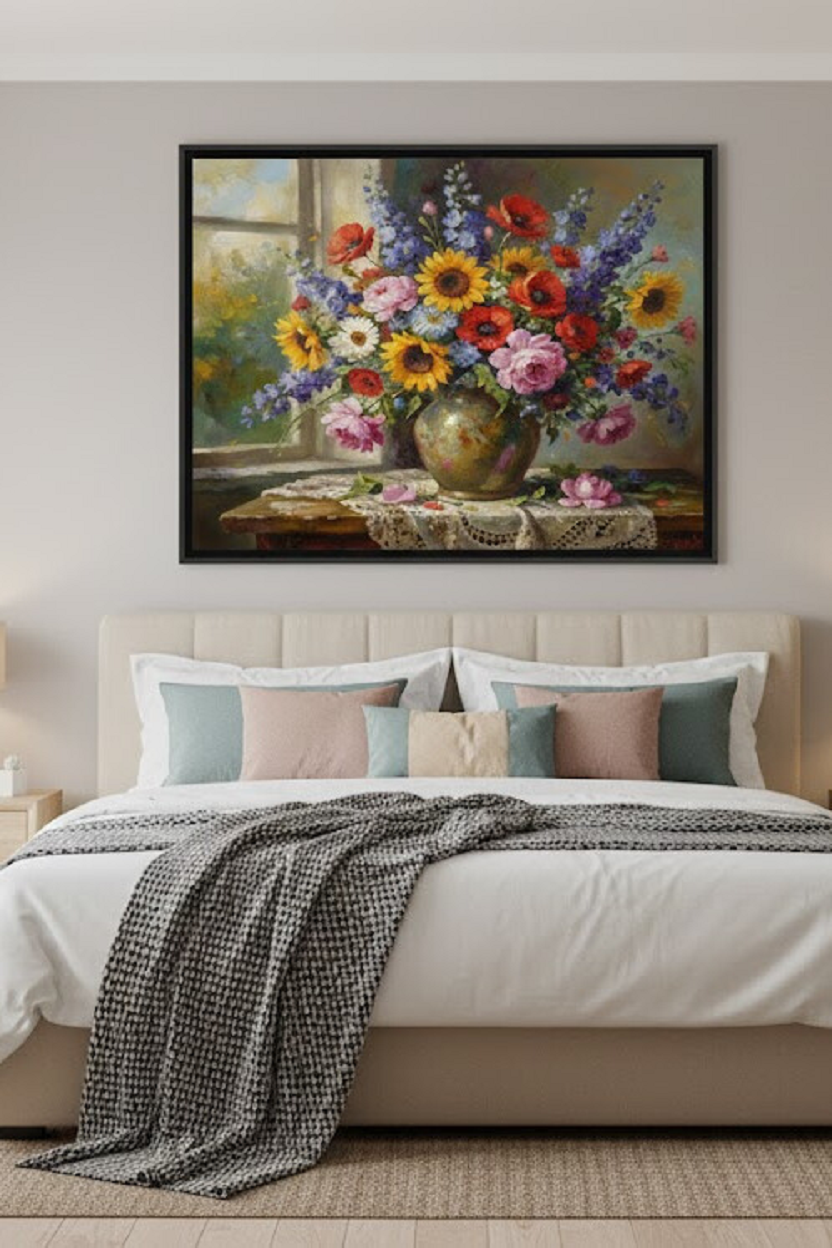 Safir Design Sanatsal Pencere Önü Çiçek Aranjman Çerçeveli Tablo