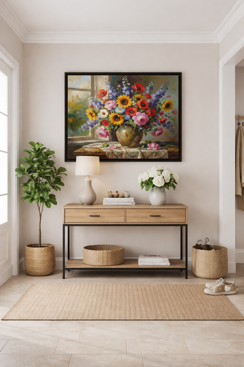 Safir Design Sanatsal Pencere Önü Çiçek Aranjman Çerçeveli Tablo