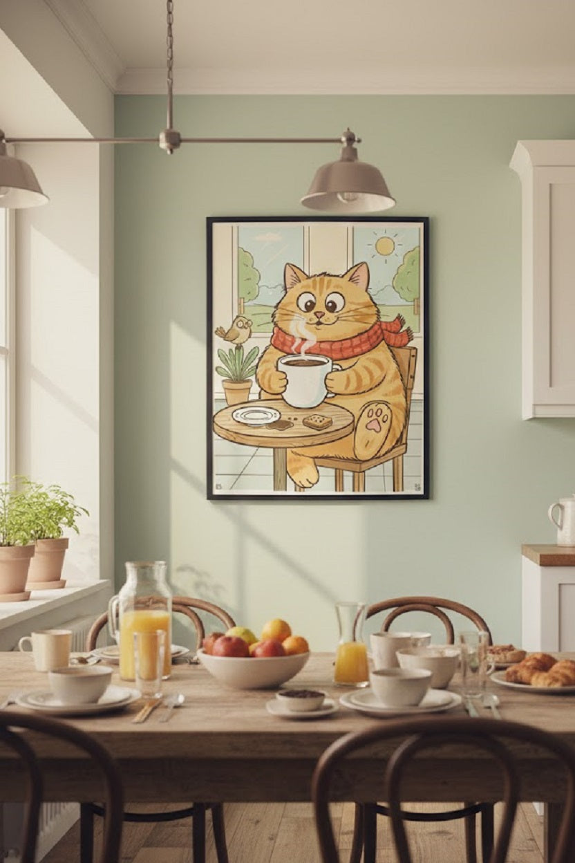 Safir Design Kahveci Kedi Temalı Çerçeveli Mutfak ve Kahve Köşesi Tablosu