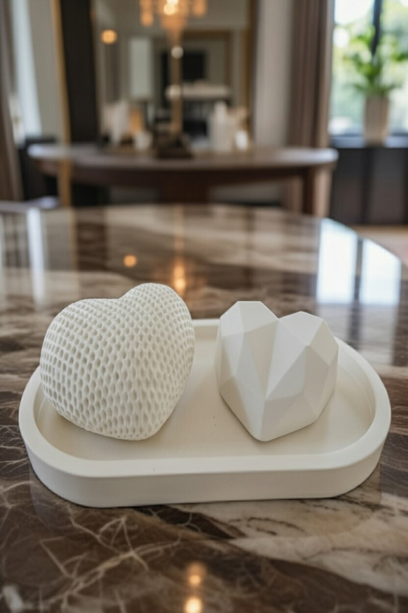 3'lü Kalp Obje Seti Oval Tepsili Geometrik ve Dokulu Kalpler