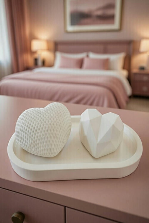 3'lü Kalp Obje Seti Oval Tepsili Geometrik ve Dokulu Kalpler
