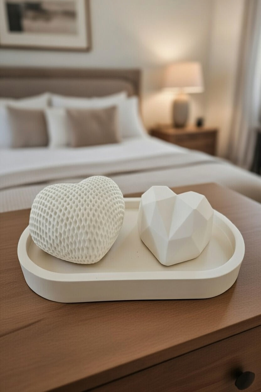 3'lü Kalp Obje Seti Oval Tepsili Geometrik ve Dokulu Kalpler