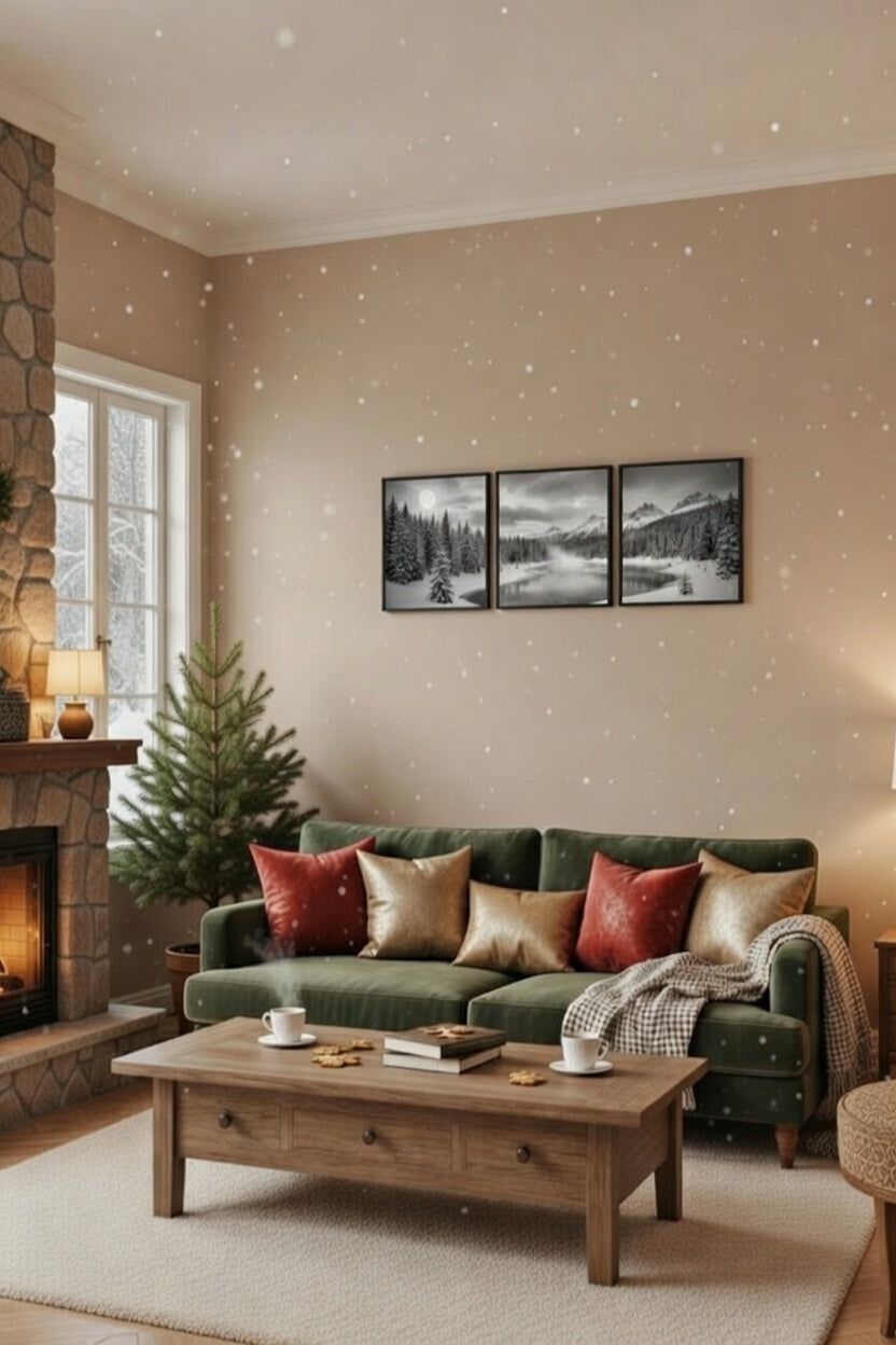Safir Design Siyah Beyaz Kar Manzarası 3'lü Çerçeveli Tablo Seti