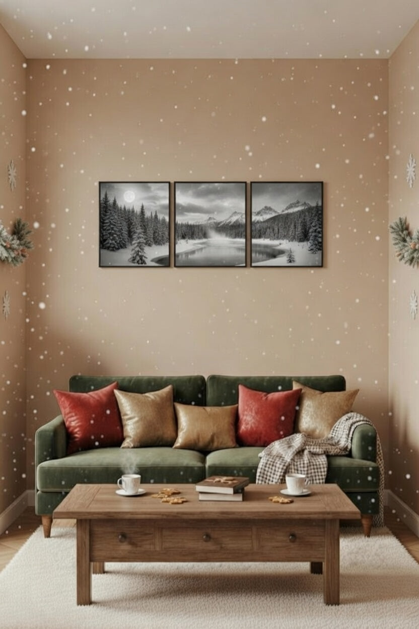 Safir Design Siyah Beyaz Kar Manzarası 3'lü Çerçeveli Tablo Seti