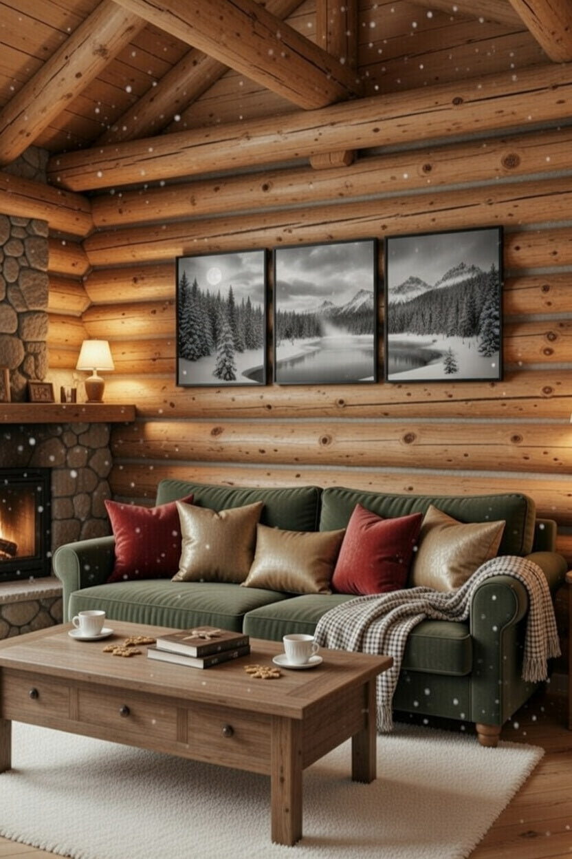 Safir Design Siyah Beyaz Kar Manzarası 3'lü Çerçeveli Tablo Seti