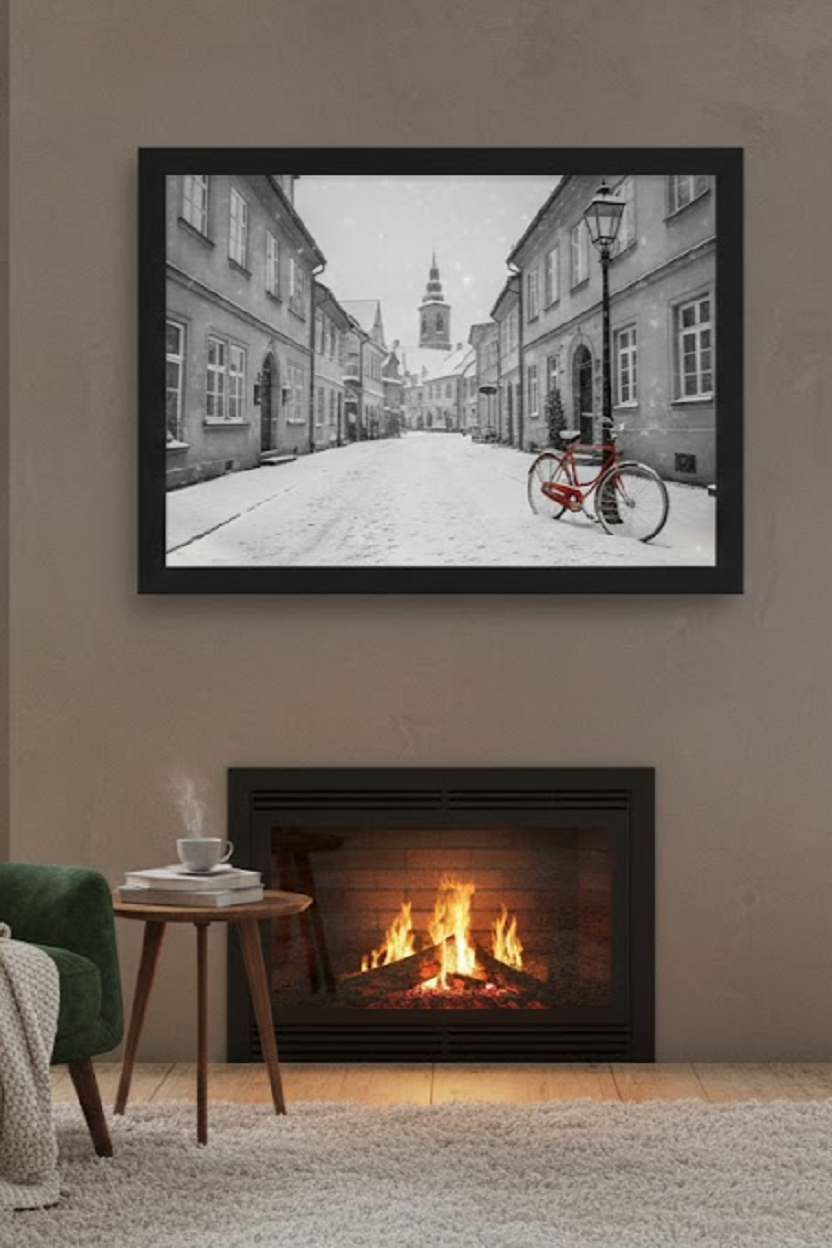 Safir Design Siyah Beyaz Şehir Manzaralı Kırmızı Bisiklet Çerçeveli Tablo