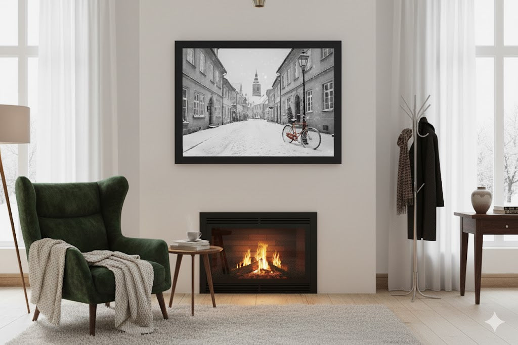 Safir Design Siyah Beyaz Şehir Manzaralı Kırmızı Bisiklet Çerçeveli Tablo