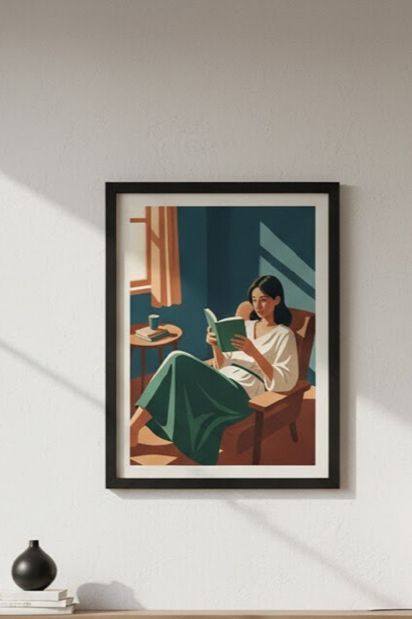 Safir Design Huzurlu Okuma Köşesi ve Pencere Işığı Detaylı Çerçeveli Tablo