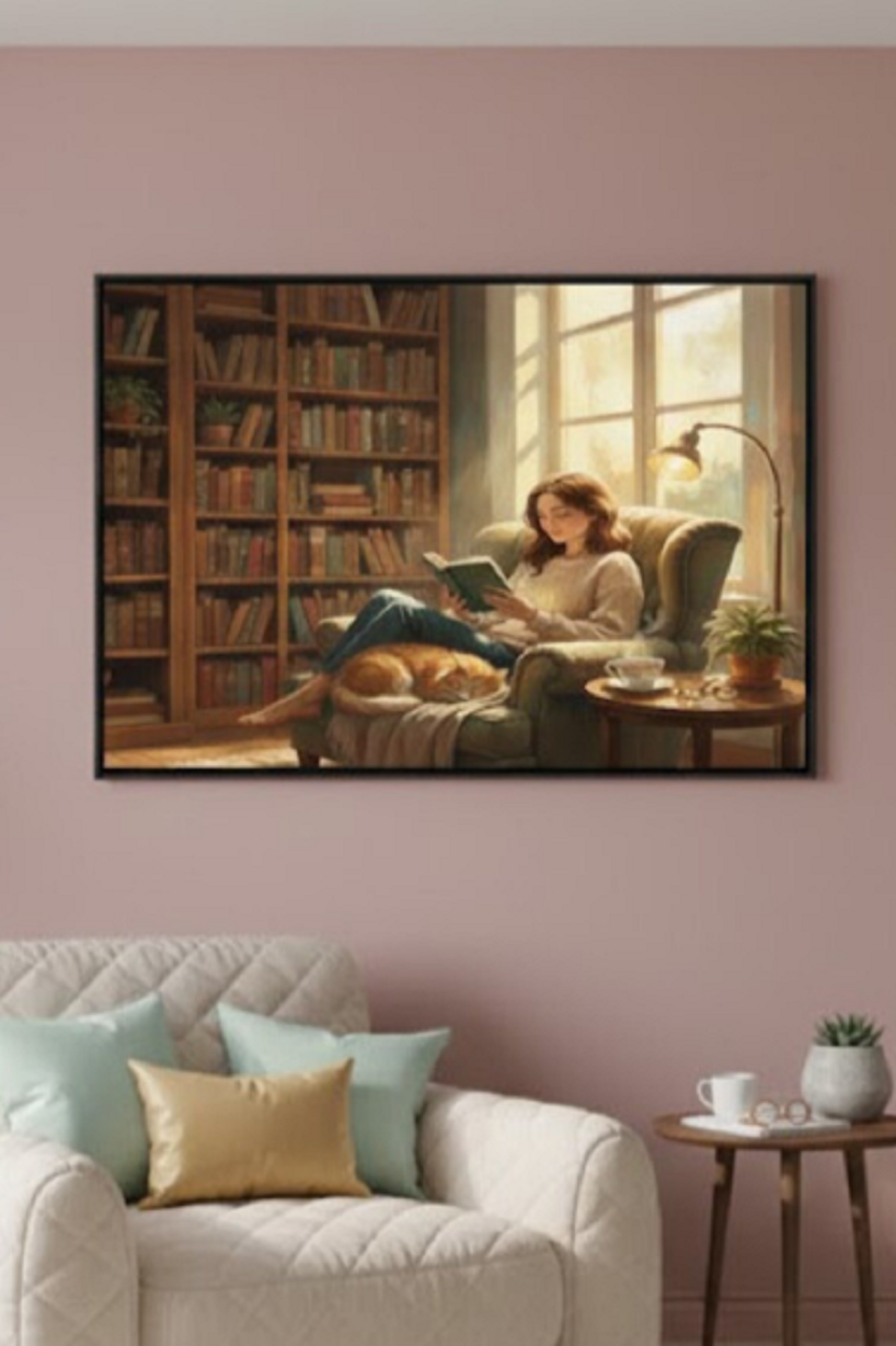 Safir Design Kitap Köşesi Tablo Kitap Okuyan Kadın ve Kedi Çerçeveli Tablo