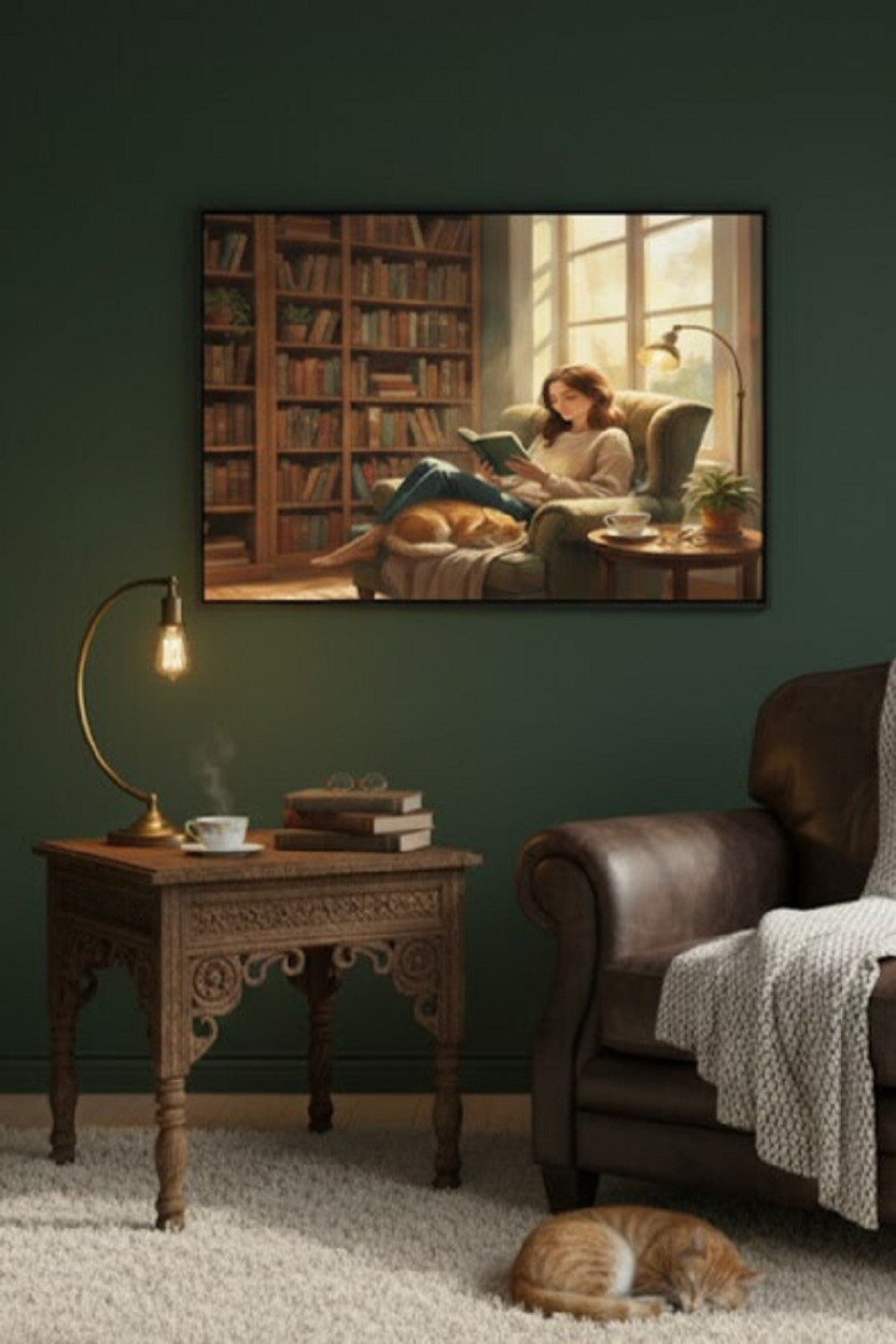 Safir Design Kitap Köşesi Tablo Kitap Okuyan Kadın ve Kedi Çerçeveli Tablo