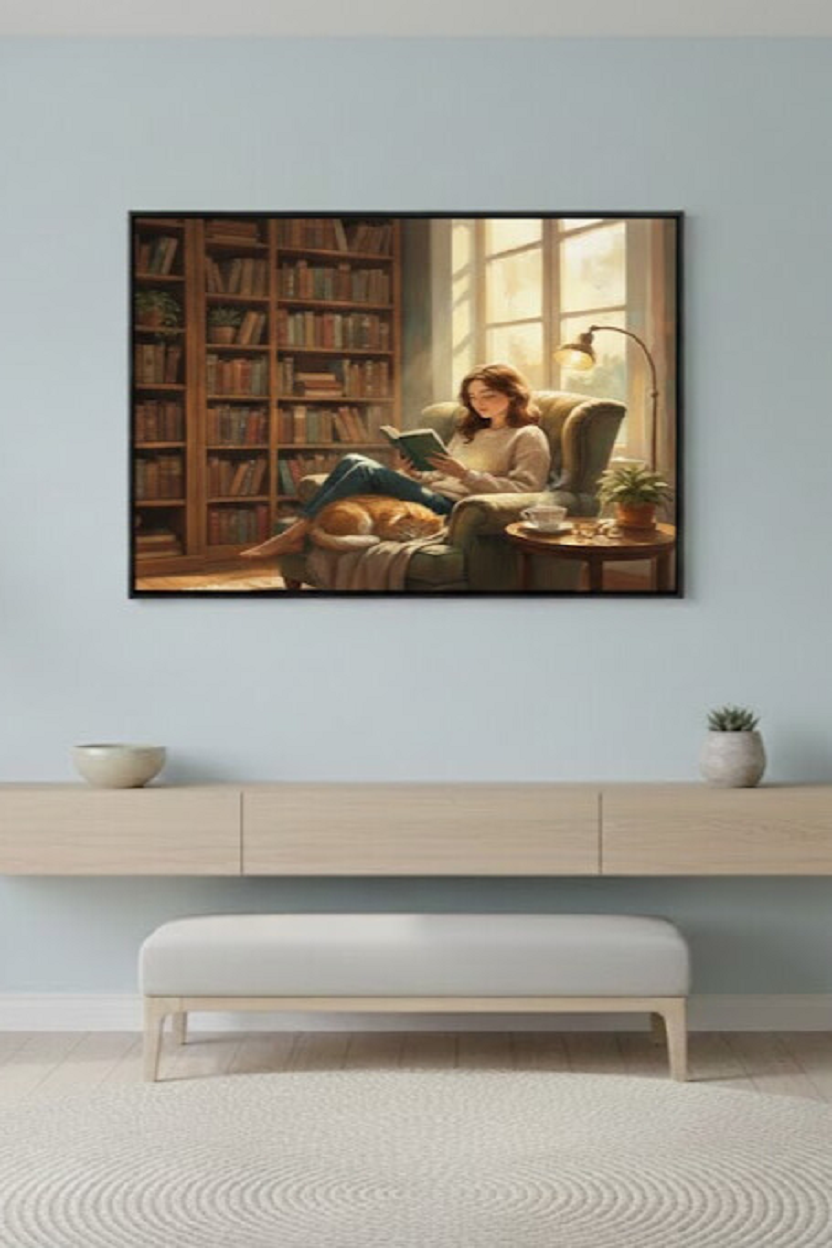 Safir Design Kitap Köşesi Tablo Kitap Okuyan Kadın ve Kedi Çerçeveli Tablo
