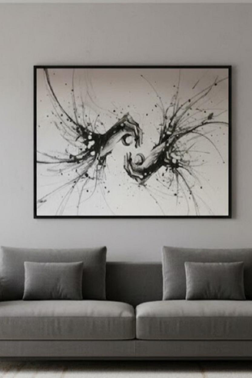 Safir Design Modern Soyut El Figürlü Siyah Beyaz Çerçeveli Tablo
