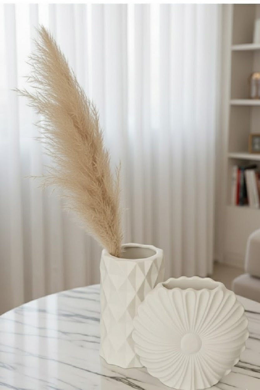 Safir Design ı Geometrik Vazo Seti - 2'li Beyaz Takım Pampas Otlu