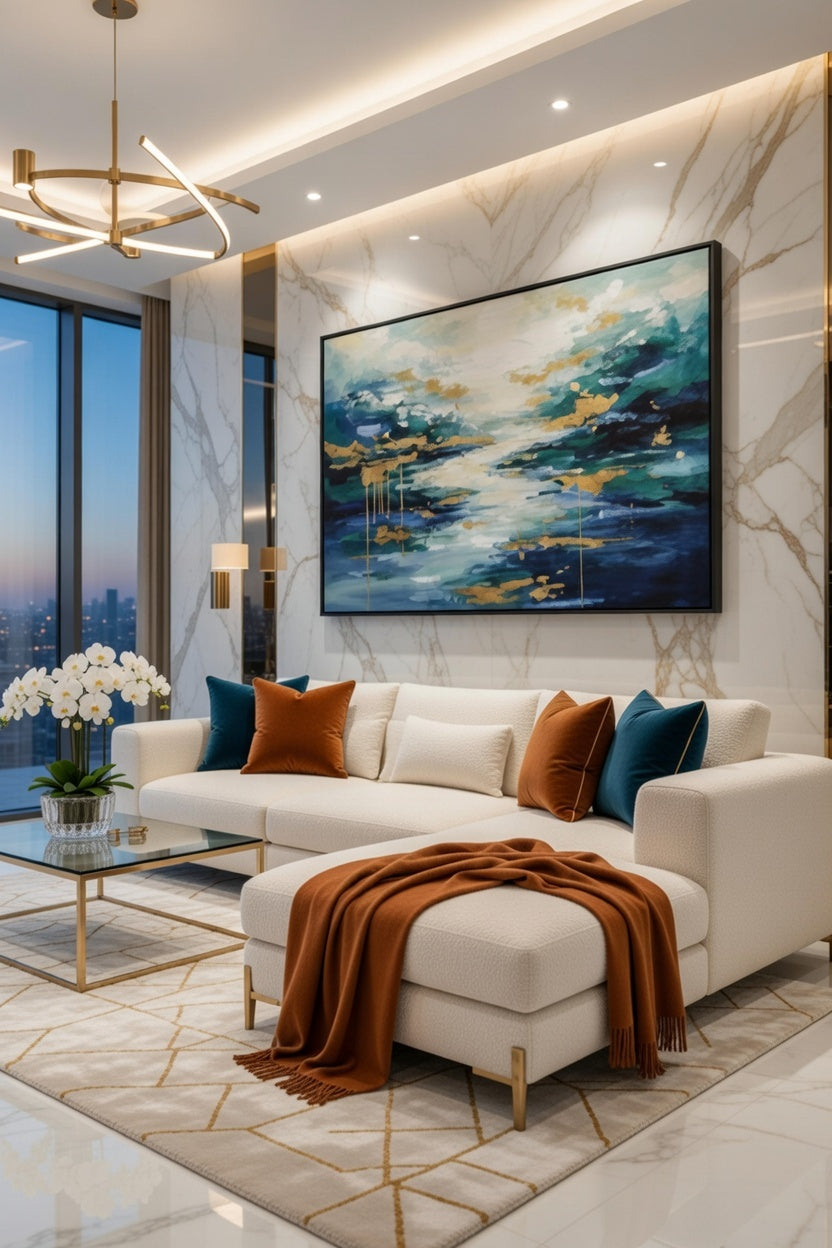 Safir Design Modern Sanat Turkuaz ve Altın  Çerçeveli Tablo