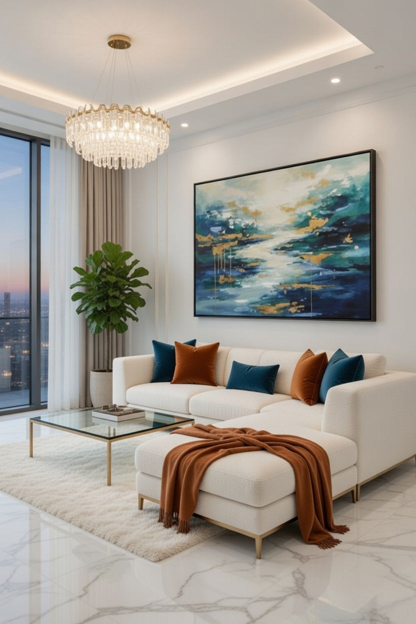 Safir Design Modern Sanat Turkuaz ve Altın  Çerçeveli Tablo