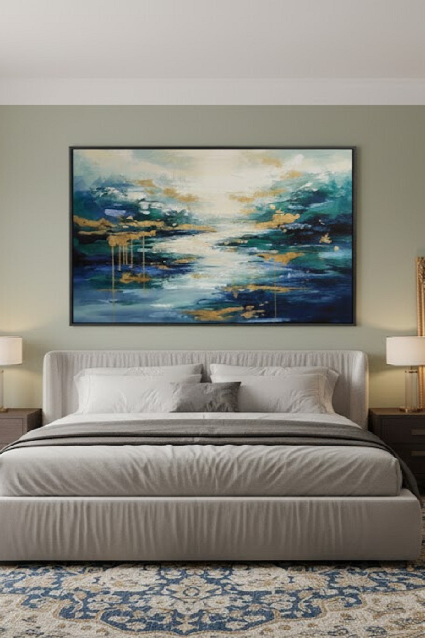 Safir Design Modern Sanat Turkuaz ve Altın  Çerçeveli Tablo