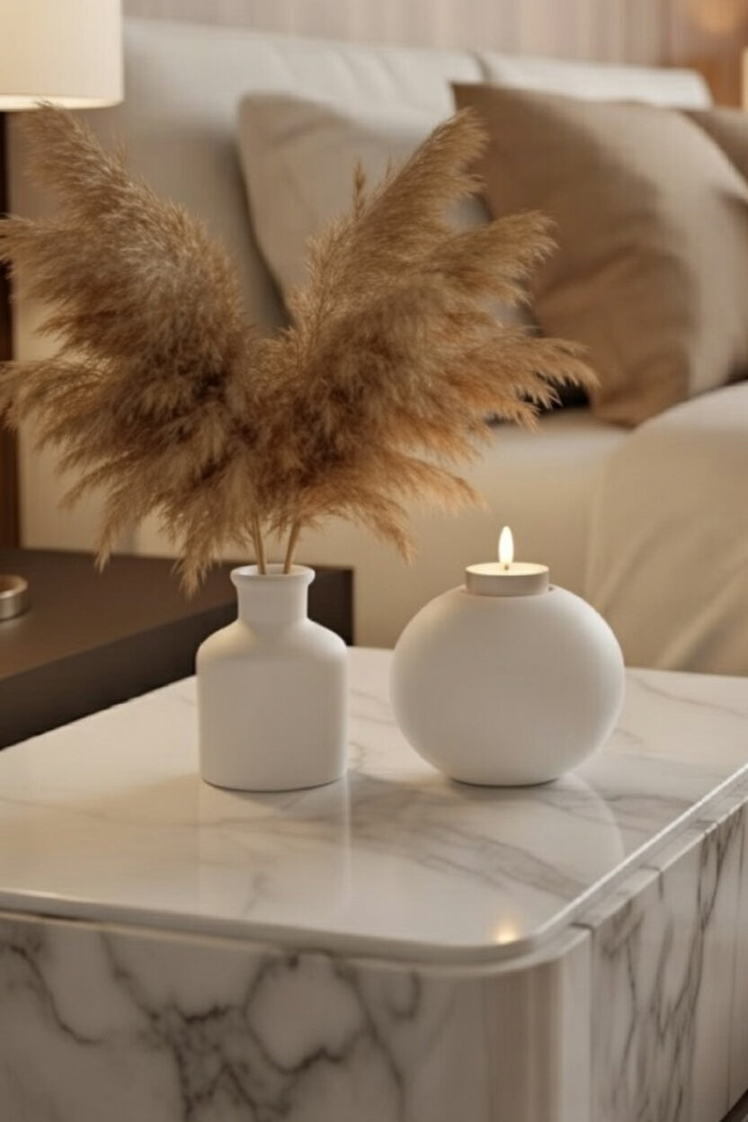 Safir Design Dekoratif Mumluk ve Vazo Seti - Kurutulmuş Pampaslı