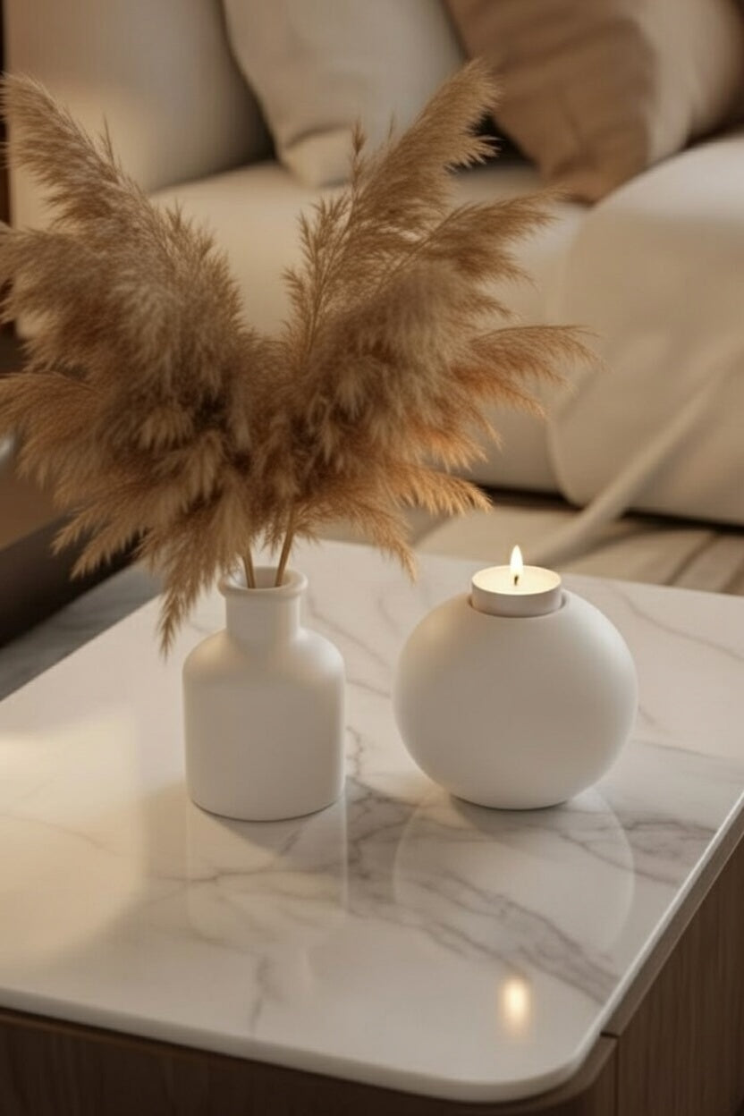 Safir Design Dekoratif Mumluk ve Vazo Seti - Kurutulmuş Pampaslı