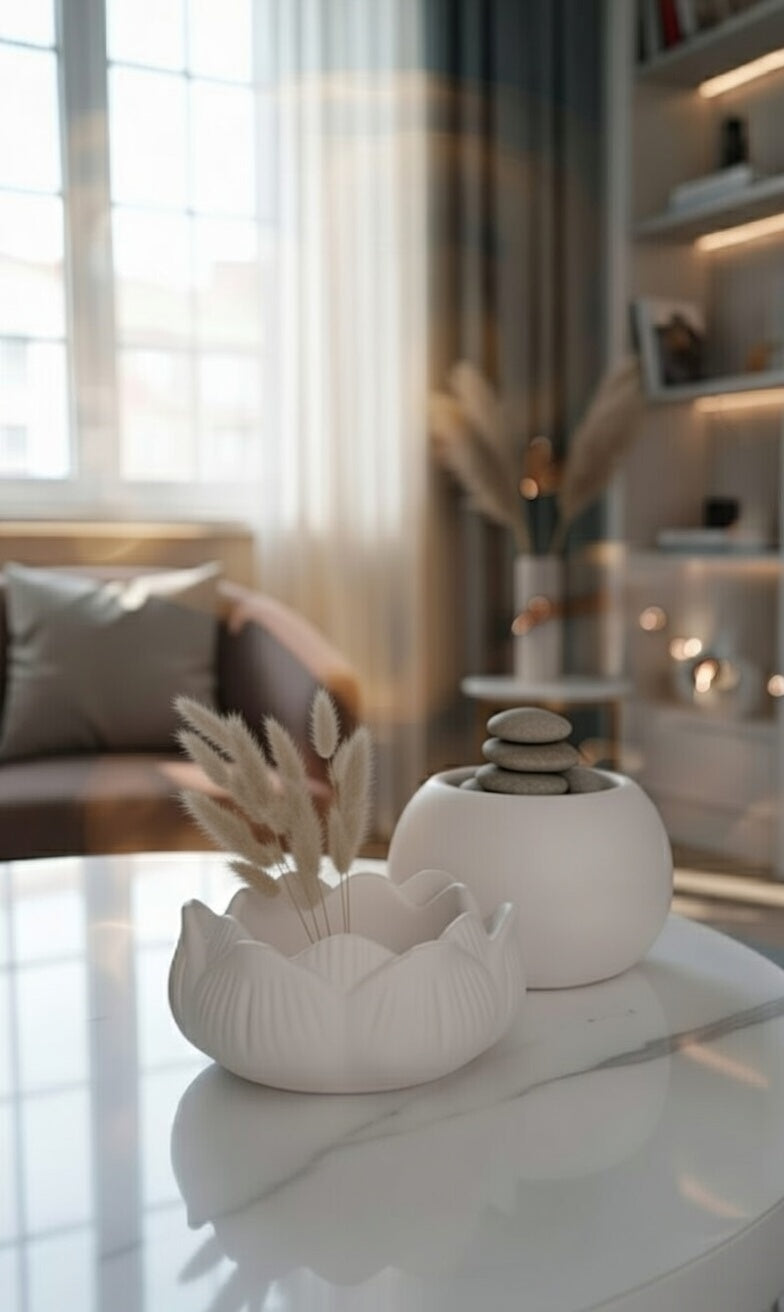 Safir Design 2'li Dekoratif Kase Seti - Lotus Çiçeği ve Modern Küre