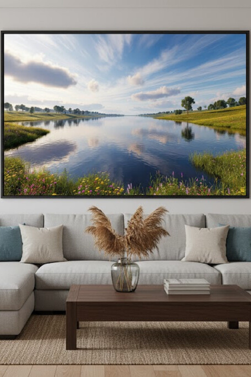 Safir Design Mavi Gökyüzü ve Nehir Yansımalı Estetik Çerçeveli Tablo
