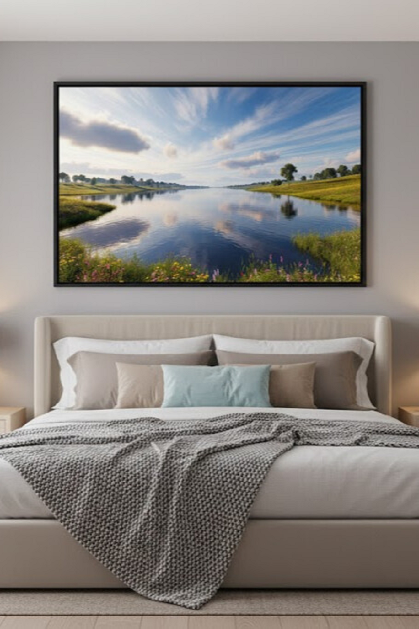 Safir Design Mavi Gökyüzü ve Nehir Yansımalı Estetik Çerçeveli Tablo
