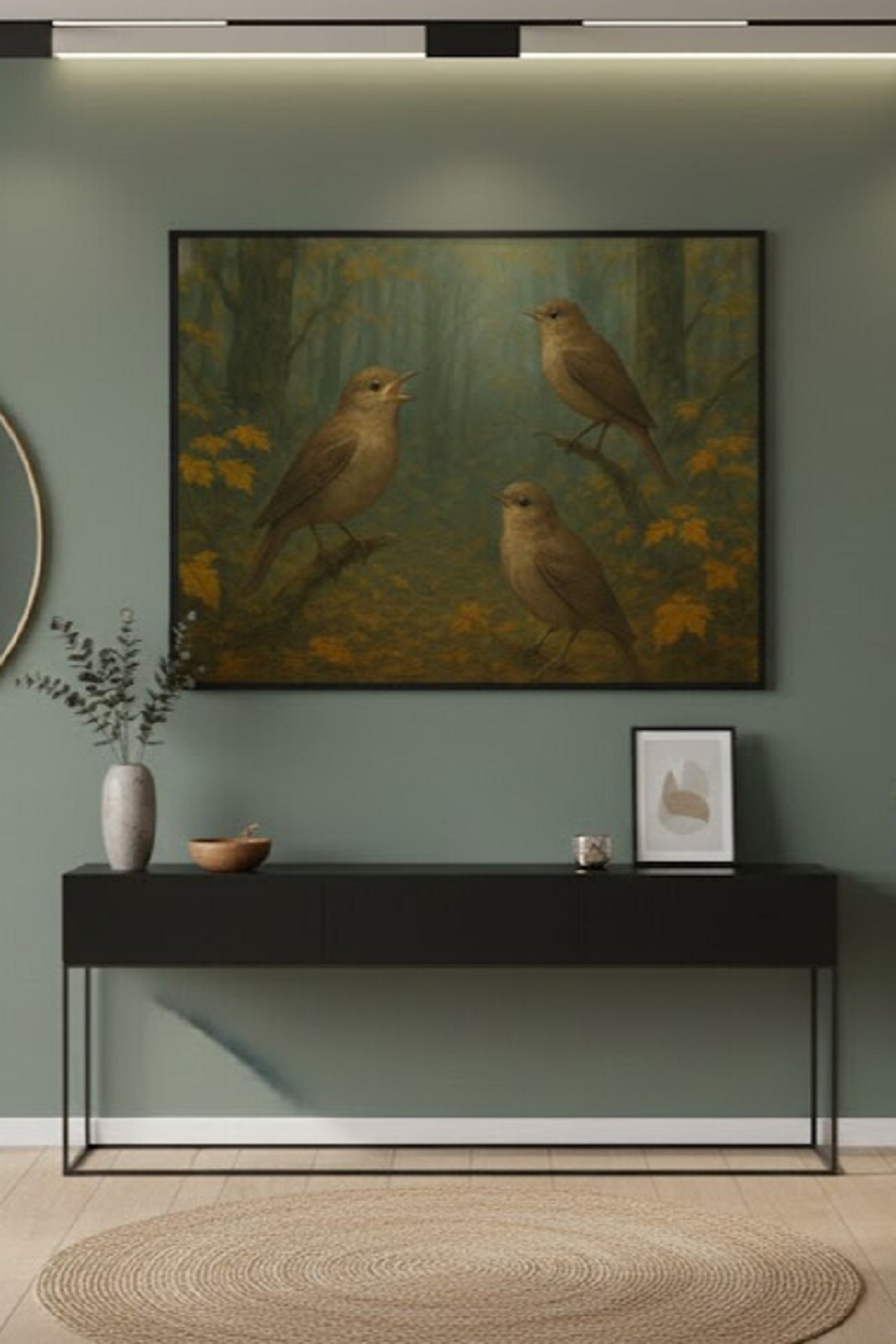 Safir Design Romantik Kuşlar Temalı Yeşil Şık Çerçeveli Tablo