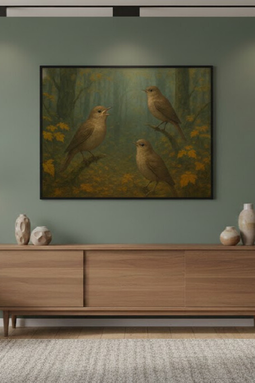 Safir Design Romantik Kuşlar Temalı Yeşil Şık Çerçeveli Tablo
