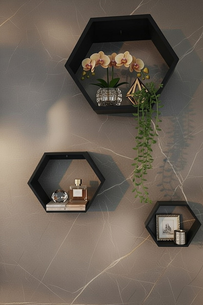 Safir Design 3'lüAltıgen Duvar Rafı Seti - Sert Plastik Modern Petek Raf