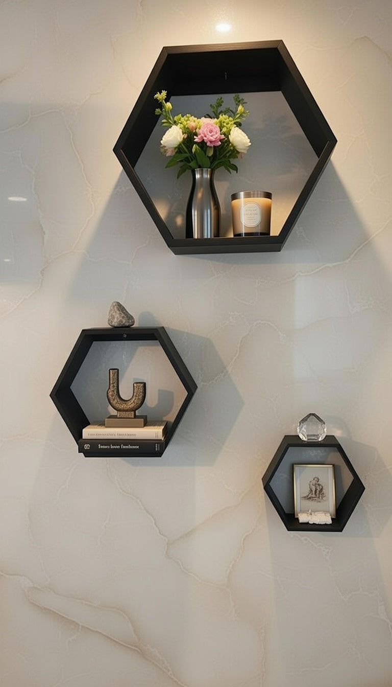 Safir Design 3'lüAltıgen Duvar Rafı Seti - Sert Plastik Modern Petek Raf