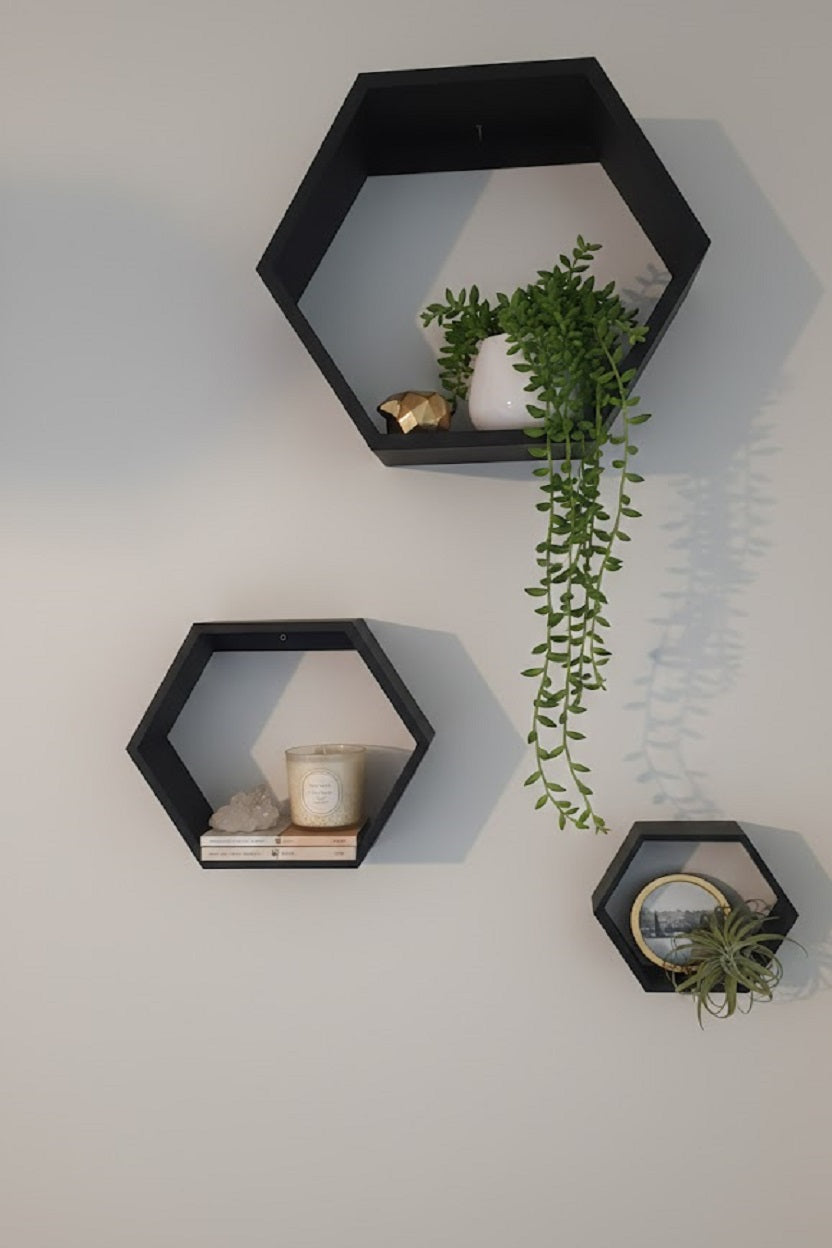 Safir Design 3'lüAltıgen Duvar Rafı Seti - Sert Plastik Modern Petek Raf