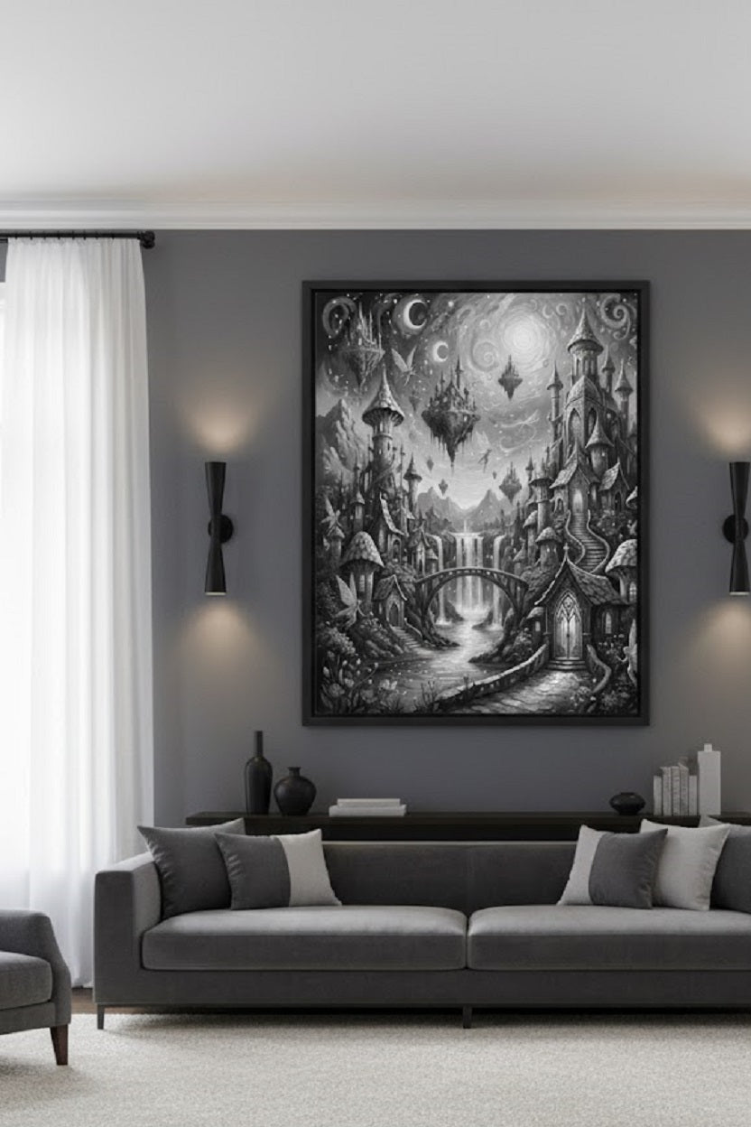 Safir Design Siyah Beyaz Fantastik Büyülü Şehir Temalı Çerçeveli Tablo
