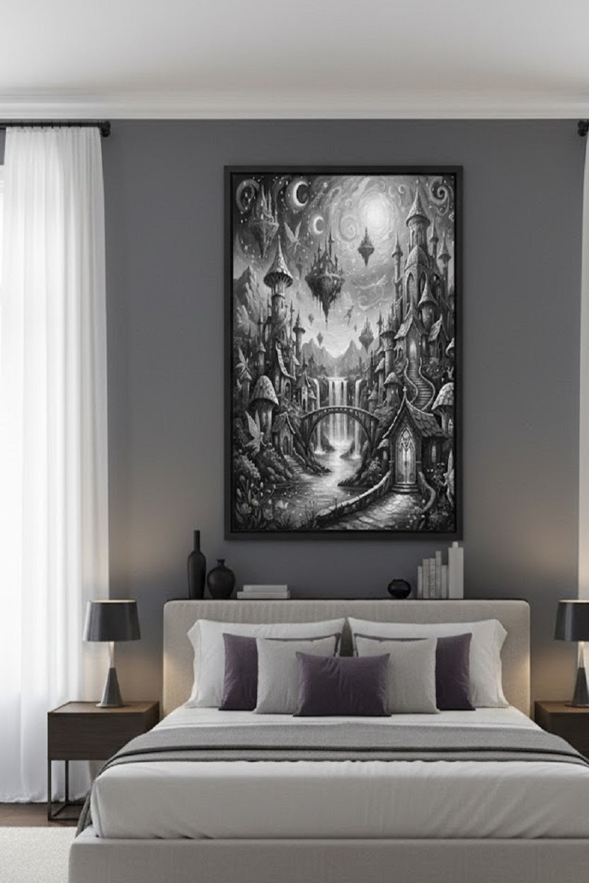 Safir Design Siyah Beyaz Fantastik Büyülü Şehir Temalı Çerçeveli Tablo