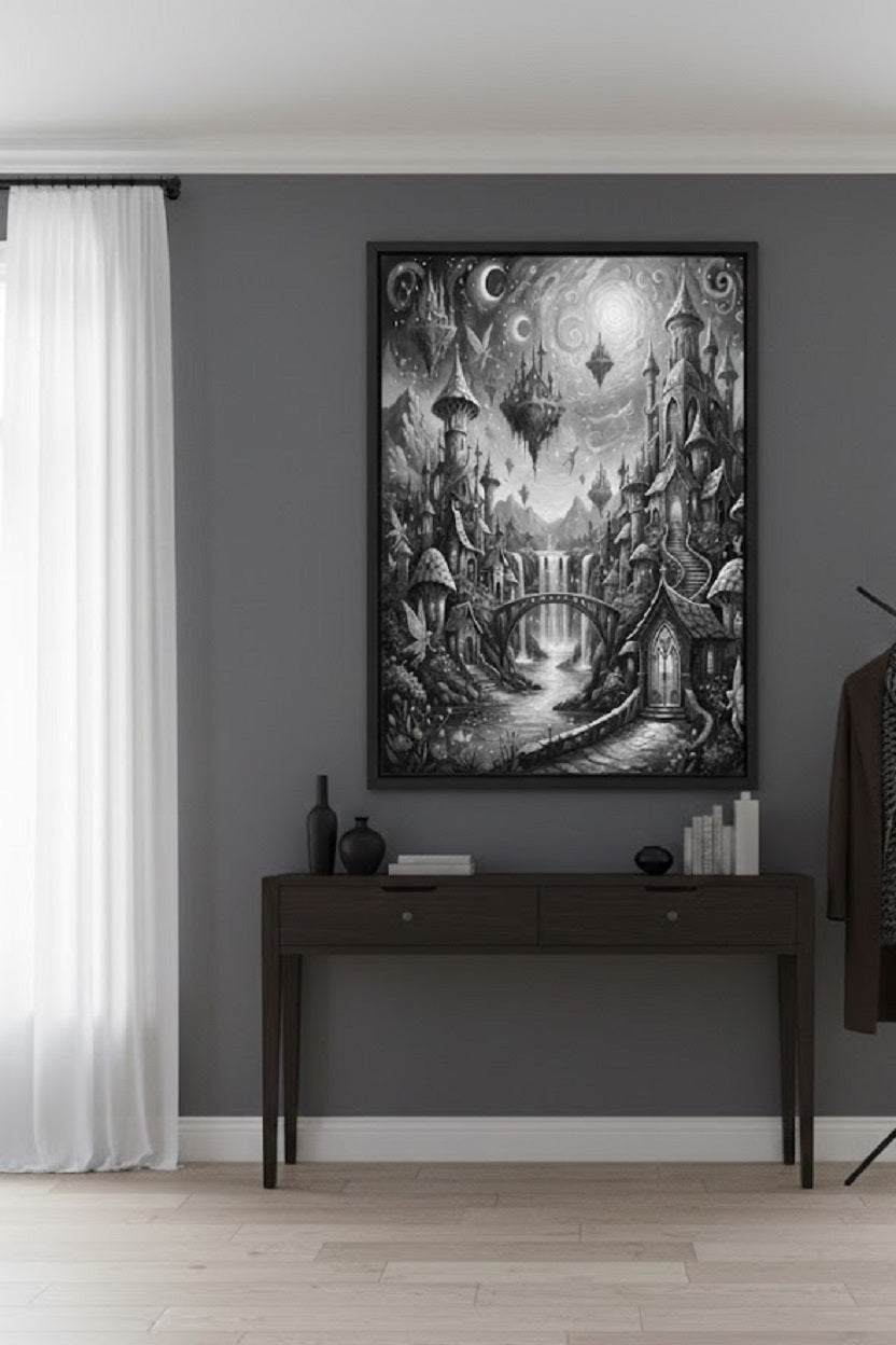 Safir Design Siyah Beyaz Fantastik Büyülü Şehir Temalı Çerçeveli Tablo