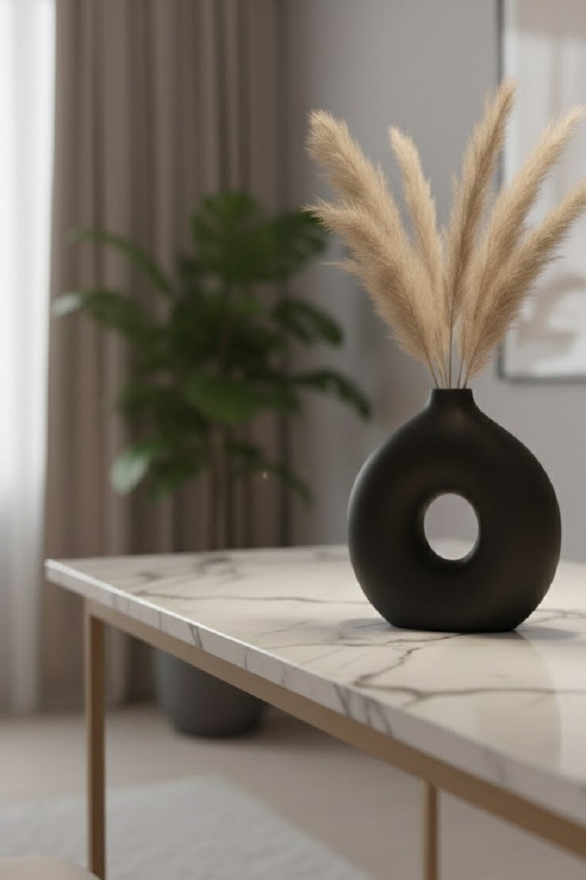 Safir Design Siyah Donut Vazo Pampaslı İskandinav Tarzı Halka Dekoratif Vazo - El Yapımı Vazo