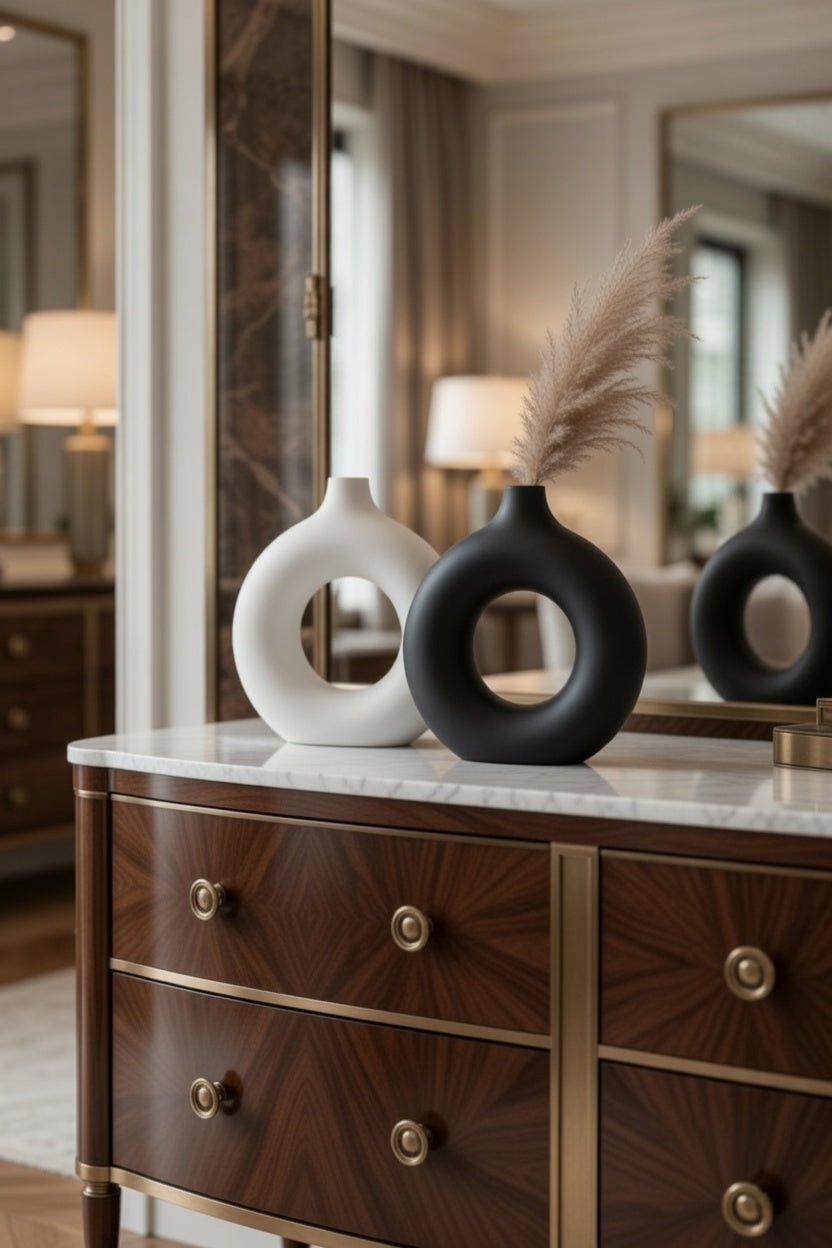 Safir Design Siyah Beyaz Donut 2'li Vazo Seti, Doğal Pampas Otu Hediyeli Modern Dekorasyon Takımı