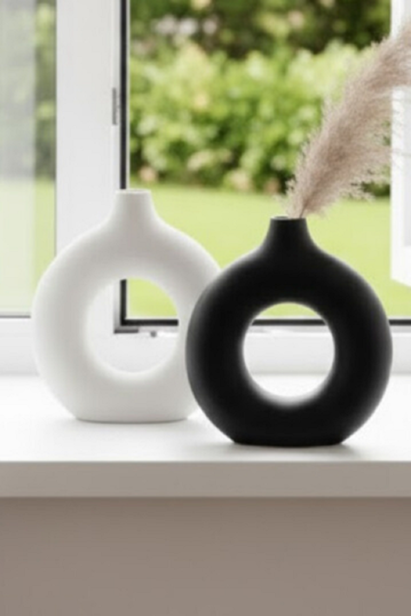 Safir Design Siyah Beyaz Donut 2'li Vazo Seti, Doğal Pampas Otu Hediyeli Modern Dekorasyon Takımı