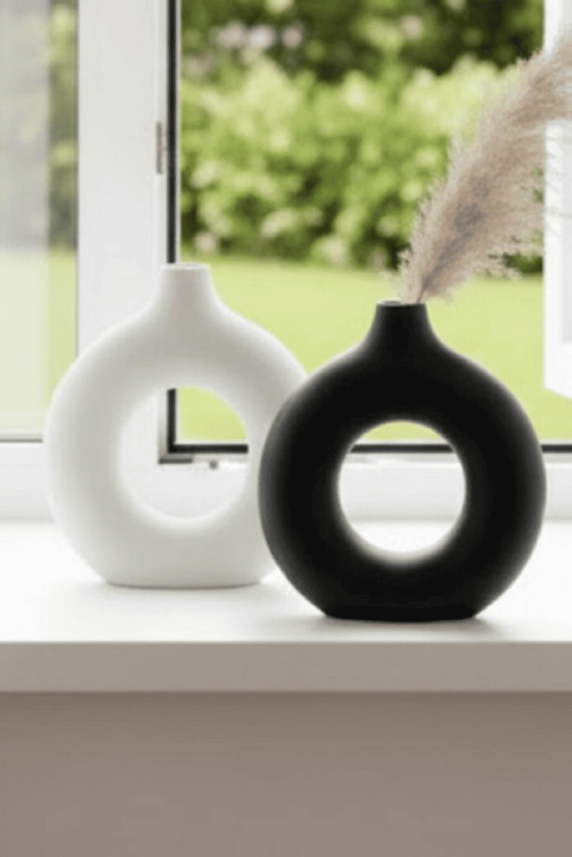 Safir Design Siyah Beyaz 2li Donut Vazo Seti, Doğal Pampaslı