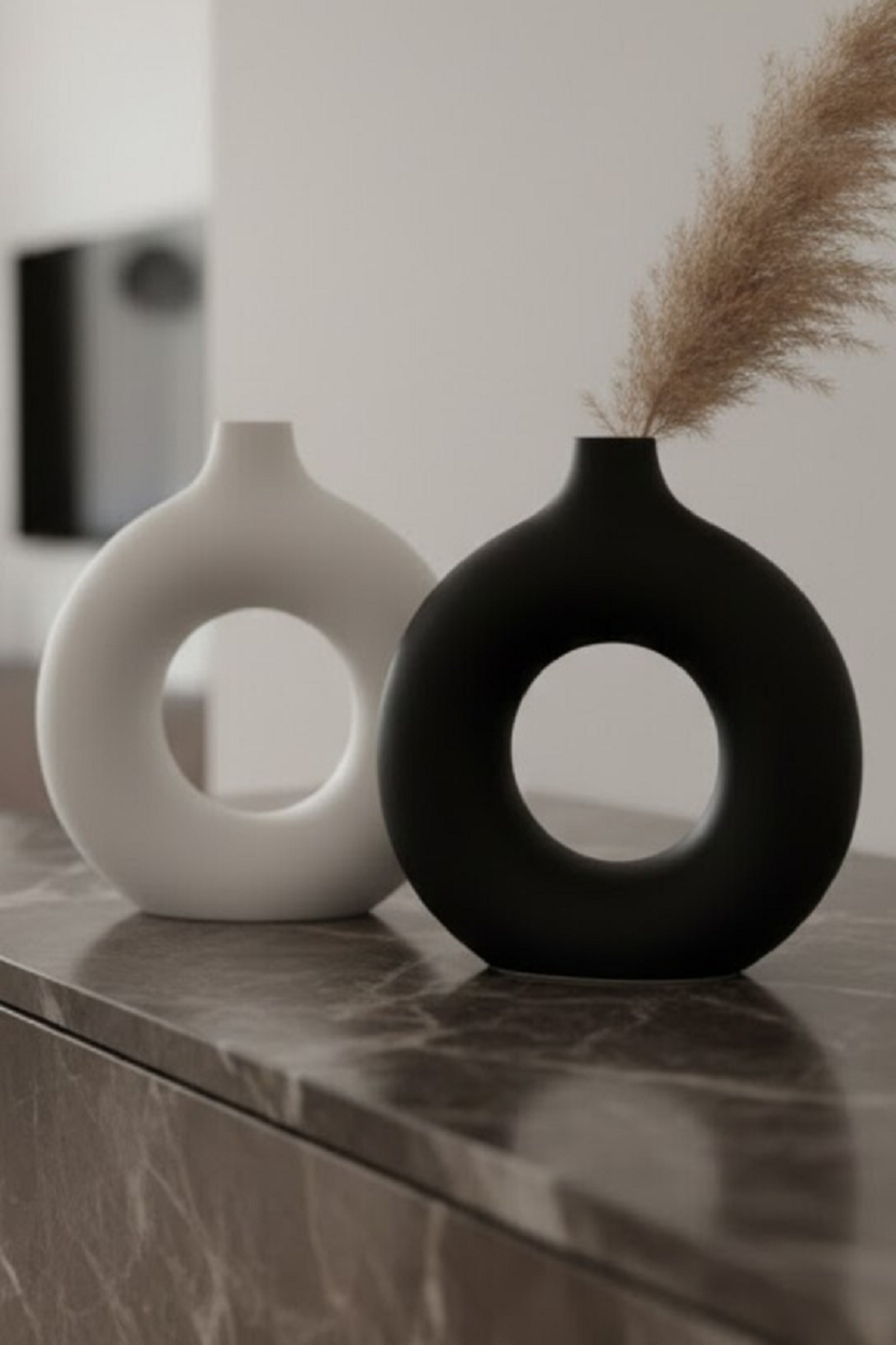 Safir Design Siyah Beyaz Donut 2'li Vazo Seti, Doğal Pampas Otu Hediyeli Modern Dekorasyon Takımı