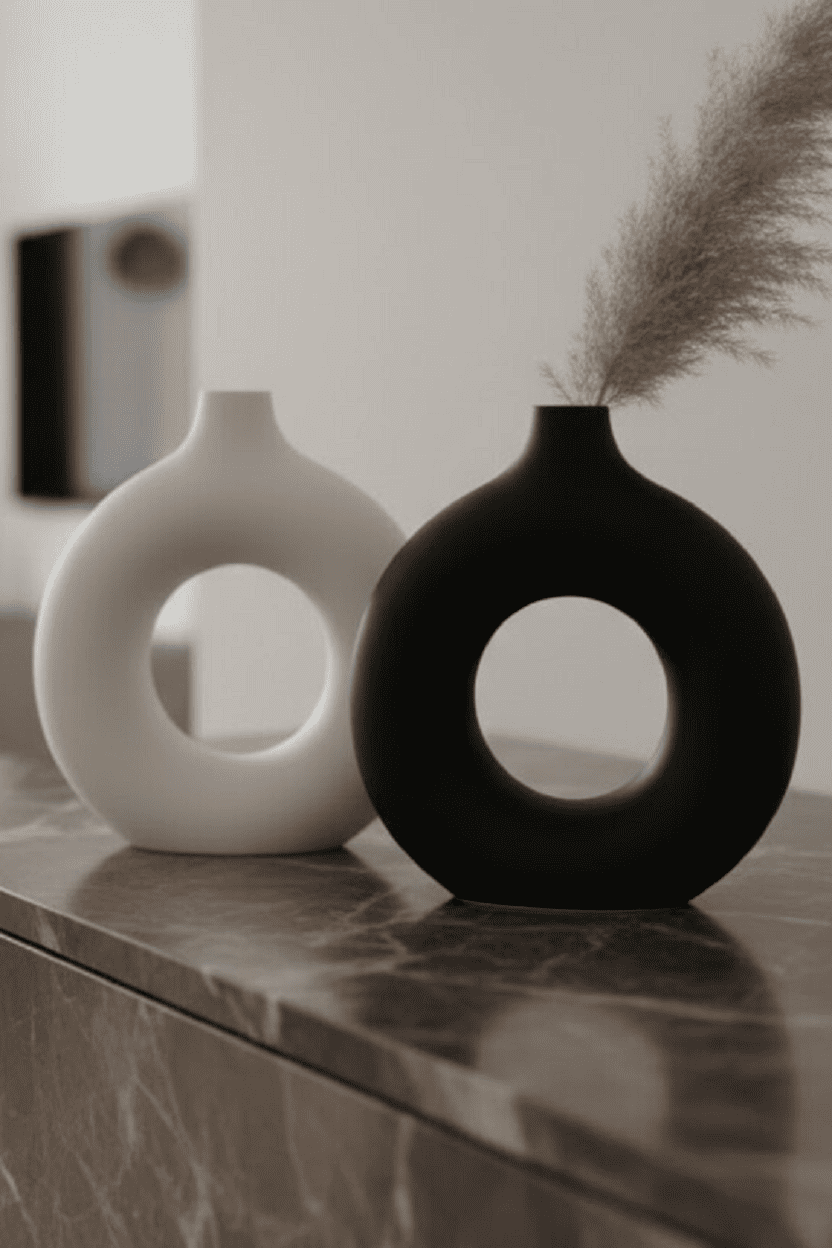 Safir Design Siyah Beyaz 2li Donut Vazo Seti, Doğal Pampaslı