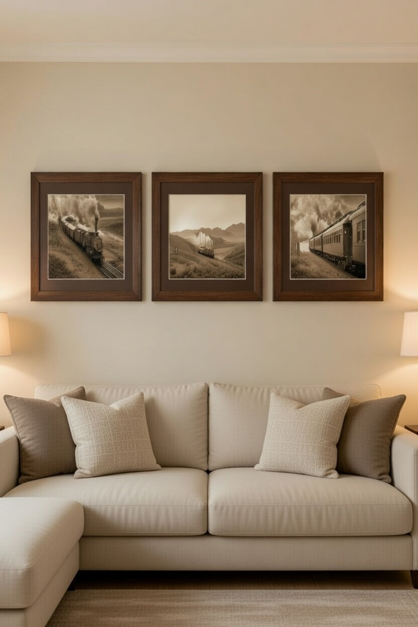 Safir Design Nostaljik Tren Yolculuğu 3'lü Duvar Dekoru Seti Eskitme Tonlu Çerçeveli Tablo