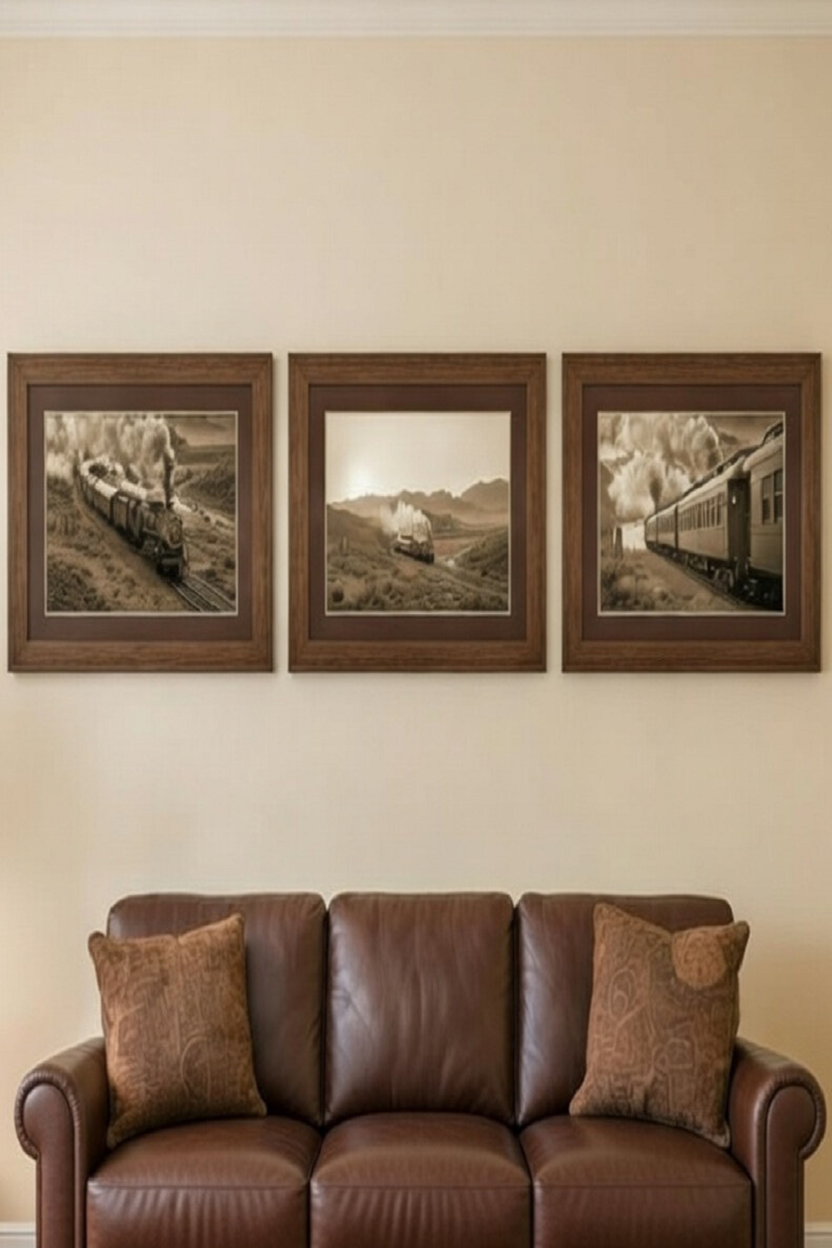 Safir Design Nostaljik Tren Yolculuğu 3'lü Duvar Dekoru Seti Eskitme Tonlu Çerçeveli Tablo