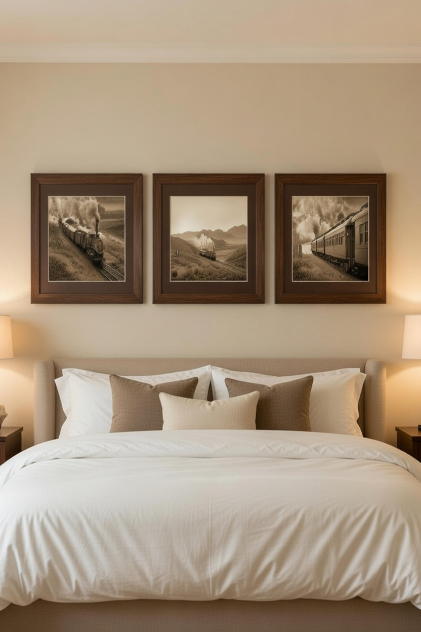 Safir Design Nostaljik Tren Yolculuğu 3'lü Duvar Dekoru Seti Eskitme Tonlu Çerçeveli Tablo