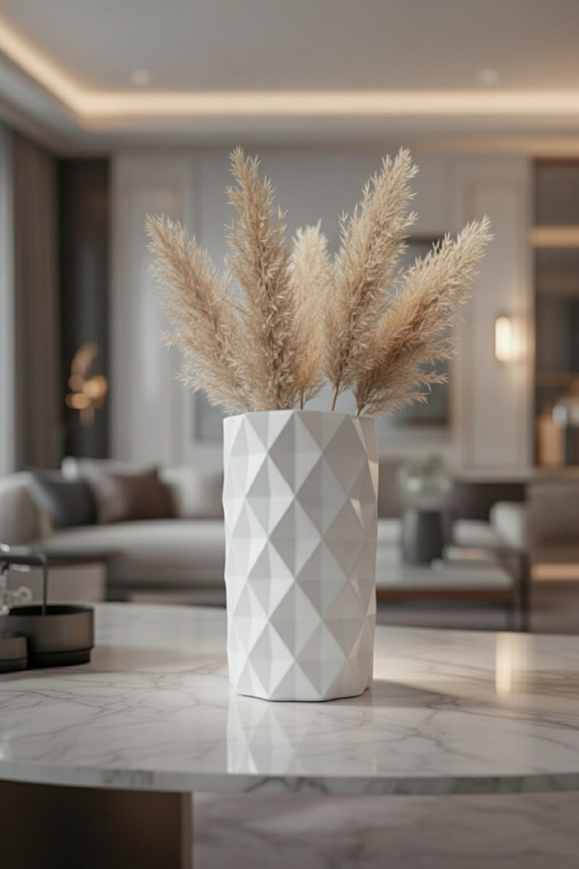 Safir Design Pampaslı Beyaz İskandinav Vazo | Minimalist Geometrik Tasarım Şık Vazo