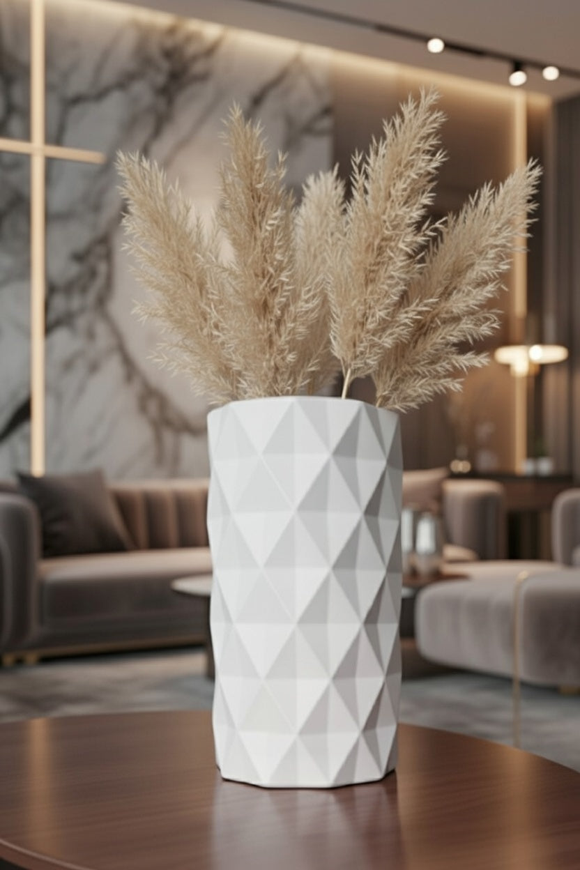 Safir Design Pampaslı Beyaz İskandinav Vazo | Minimalist Geometrik Tasarım Şık Vazo
