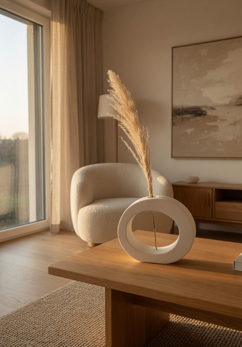 Safir Design Tasarım Beyaz Oval Vazo ve Pampas Seti