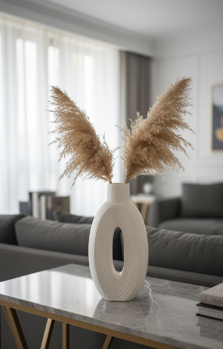 Safir Design Pampaslı Yuvarlak Beyaz Dekoratif Vazo -El Yapımı