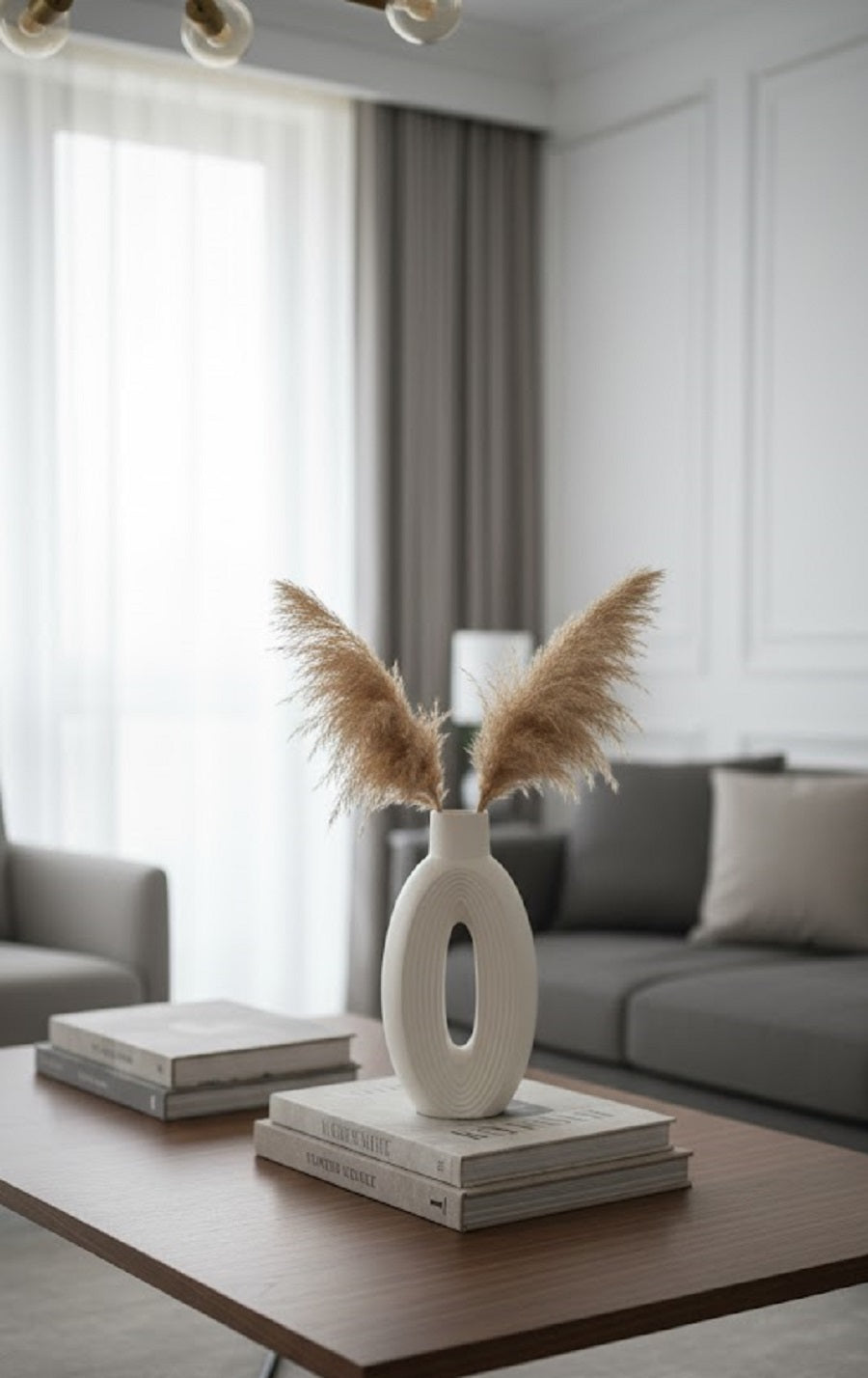 Safir Design Pampaslı Yuvarlak Beyaz Dekoratif Vazo -El Yapımı