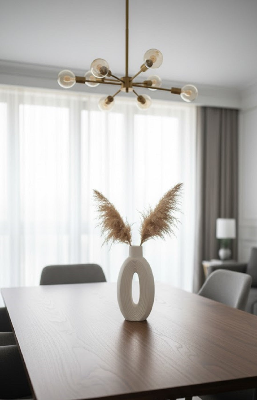 Safir Design Pampaslı Yuvarlak Beyaz Dekoratif Vazo -El Yapımı