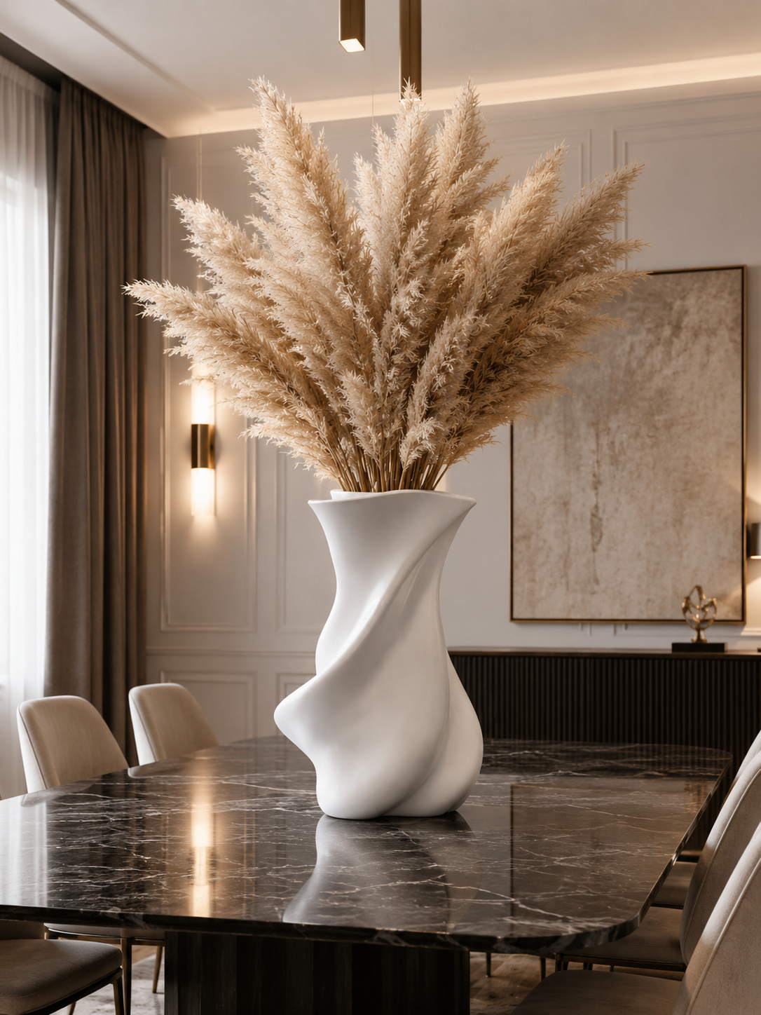 Safir Design Büyük Boy Beyaz Vazo ve Pampas Aranjmanı