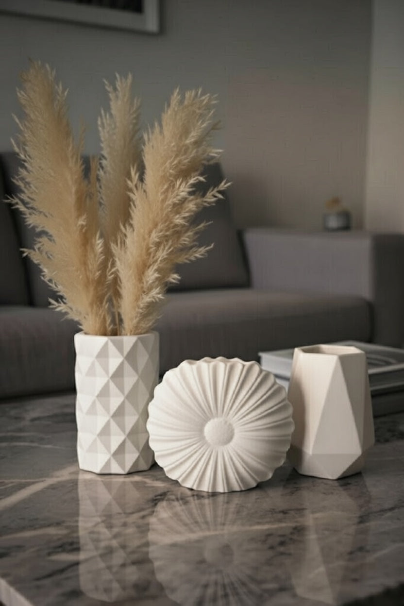 Safir Design İskandinav Beyaz 3lü Vazo Seti - Pampaslı